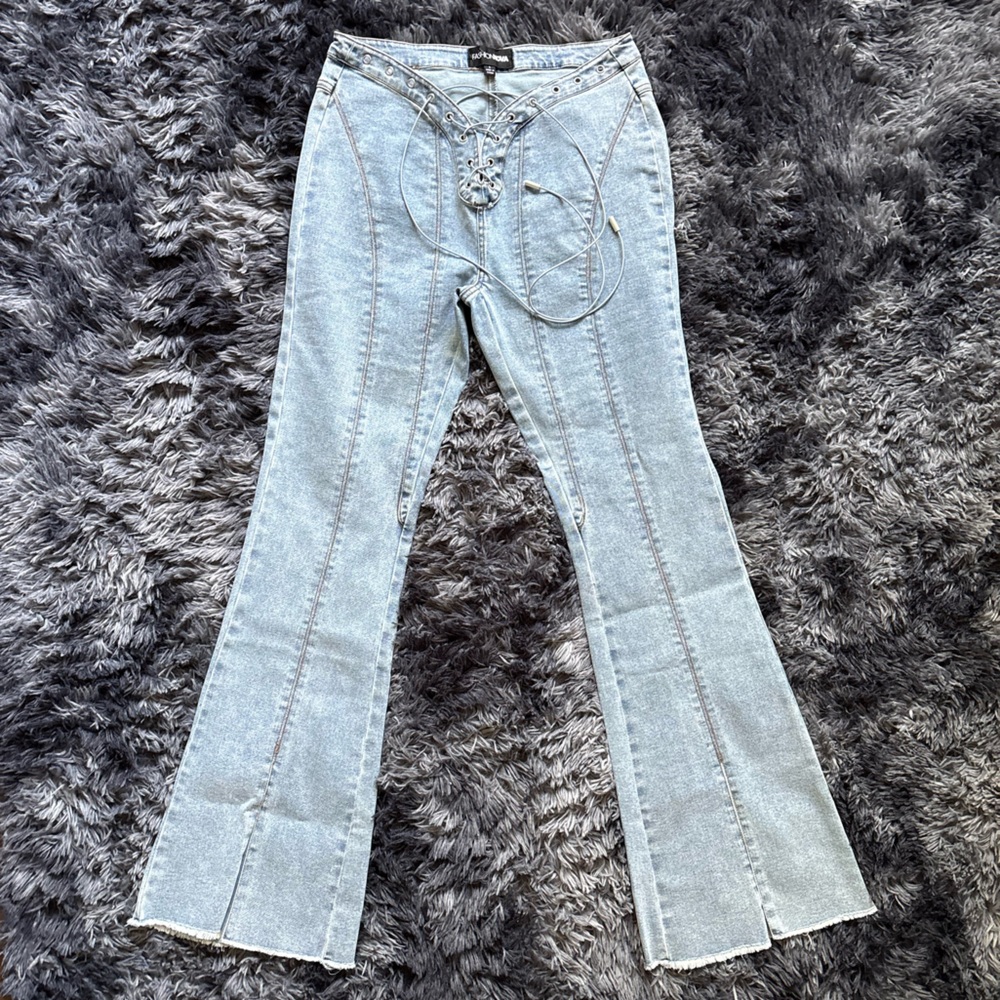 Lace-Up Front Flare Jeans | High Waisted Light Wash Denim | Y2K Style